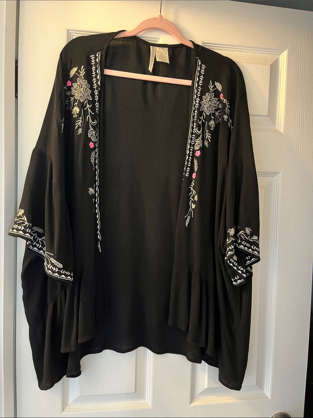 Black Embroidered Open-Front Women's Kimono Cardigan